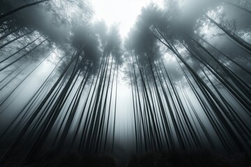 Foggy morning in a bamboo forest, with slender stalks reaching into the sky