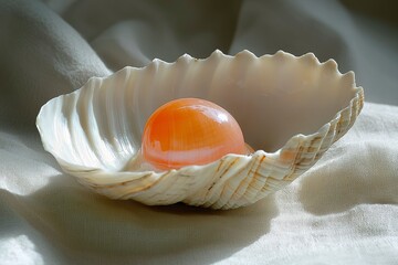 Wall Mural - A Shiny Orange Marble Rests Inside a White Seashell