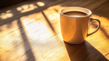 Wall Mural - A cup of coffee on a wooden table with sunlight streaming through a window.