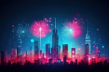 Poster - Fireworks over a modern city skyline, skyscrapers lit up, flat design illustration