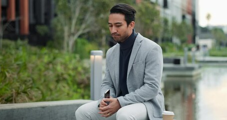 Poster - Outdoor, businessman and unhappy on smartphone with waiting for email notification in new York. Asian person, employee and disappointed or sad with communications for bed news on internet or website
