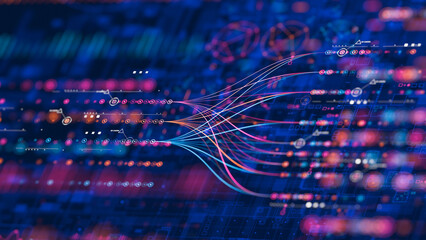 Poster - Big data technology Data science analysing artificial intelligence generative AI deep learning machine learning algorithm Neural flow network analytics innovation abstract futuristic. 3d rendering..
