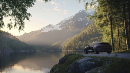 A serene landscape featuring a car by a tranquil lake surrounded by mountains and trees.