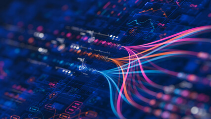 Poster - Big data technology Data science analysing artificial intelligence generative AI deep learning machine learning algorithm Neural flow network analytics innovation abstract futuristic. 3d rendering..