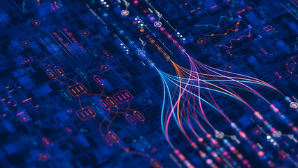 Poster - Big data technology Data science analysing artificial intelligence generative AI deep learning machine learning algorithm Neural flow network analytics innovation abstract futuristic. 3d rendering..