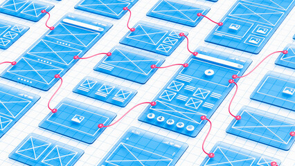 Aufkleber - UX UI flowchart connection node graphic designer creative planning application process development data prototype wireframe for web mobile icon phone . User experience concept. 3d rendering.