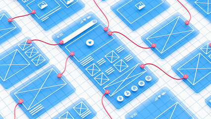 Aufkleber - UX UI flowchart connection node graphic designer creative planning application process development data prototype wireframe for web mobile icon phone . User experience concept. 3d rendering.