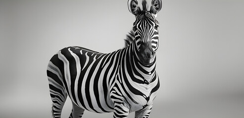 a black and white photo of a zebra standing in the middle of a studio photo with its head turned to the side