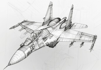 An intricate black and white drawing that depicts a fighter jet