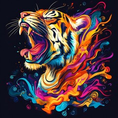 Naklejka na meble A vibrant, abstract depiction of a tiger's head with a powerful roar, set against a dark background.