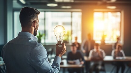 Wall Mural - A man holding a glowing light bulb speaks to an audience in a bright, modern setting, symbolizing inspiration and innovative ideas.