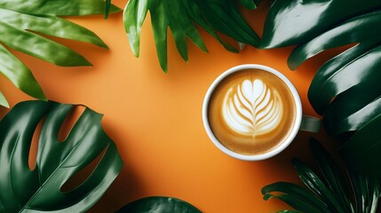 Wall Mural - A cup of latte art coffee surrounded by tropical leaves on a orange background.