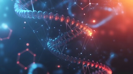 Poster - 3D Render of a DNA Double Helix with Glowing Particles and Network Connections
