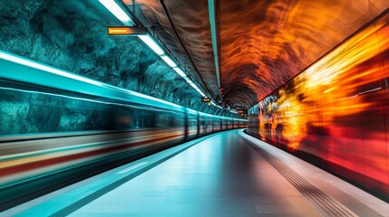 Train glides through Stockholm's subterranean realm, its dynamic movement captivating spectators on the platform. As the sleek carriages whisk by, a blur of motion and vibrant hues