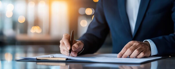 Businessman signing document at table in modern office with blur background.