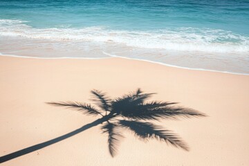 Wall Mural - Palm Tree Shadow Cast on Sandy Beach with Foamy Waves