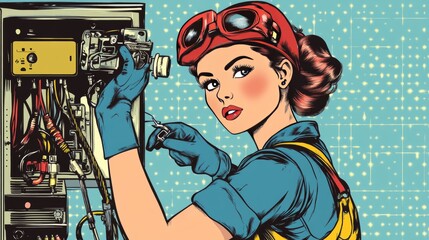 Woman working repairman electrician. Beautiful pin up girl pop art retro 