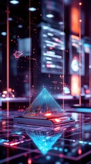 Poster - Holographic product display in a futuristic showroom, AI-driven sales assistants guiding clients through the buying process, cyberpunk-inspired ambiance