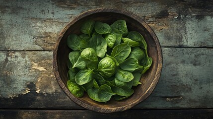 Vibrant spinach leaves, freshly harvested, rest in a bowl crafted from weathered wood. The scene is captured from above