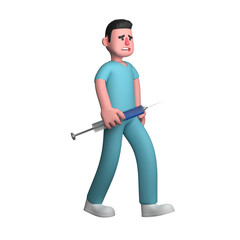 Male Nurse 3D Illustration. A male nurse is seen walking while carrying a large syringe in his danger hand. Professional