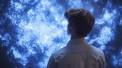 Poster - A modern physicist examines complex time travel equations on a digital whiteboard illuminated by soft neon lights in a futuristic lab