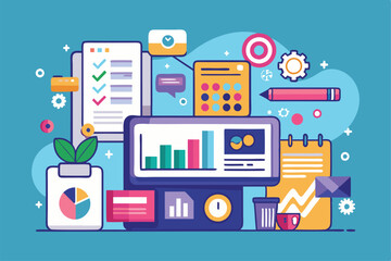 Poster - a vibrant workspace displays analysis charts, checklists, and productivity tools centered around dat