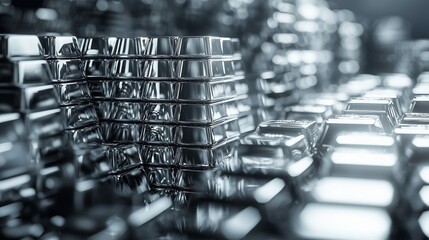 Stacks of silver bars representing investment in silver stocks and commodities.