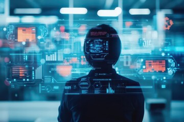 Poster - MA process, advanced AI assistant managing data, futuristic office space, floating holograms