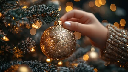 A hand delicately places a shimmering ornament on a beautifully decorated Christmas tree at night