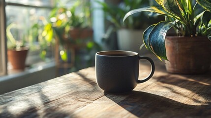 Wall Mural - A dark mug sits on a wooden table with a plant in the background.