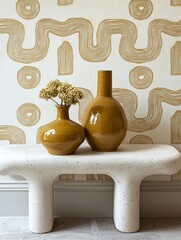 Wall Mural - Two Ceramic Vases on a White Stone Table Against a White Wall with a Gold Geometric Pattern