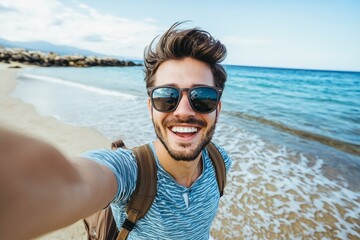 Handsome caucasian guy takes a selfie at the beach - people, lifestyle and technology concept