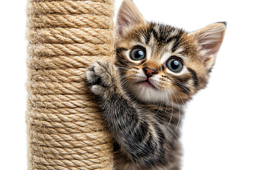 Adorable kitten playfully climbing a scratching post, showcasing its curiosity and playful nature in a vibrant setting.