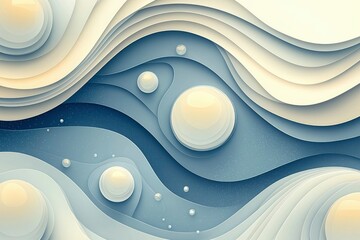 Wall Mural - Abstract Papercut Design with Wavy Layers and Glowing Spheres