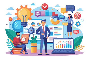 Poster - Professionals engage in discussions while analyzing graphs and charts, promoting teamwork and innovation, Customizable semi flat illustration for business risk.