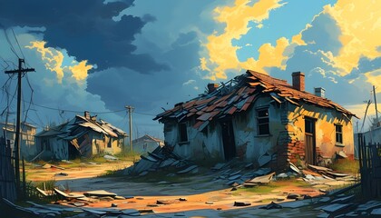 Wall Mural - Dilapidated house in a rundown slum with broken windows and crumbling roof beneath a gloomy, overcast sky