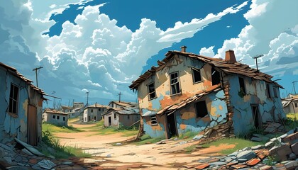 Wall Mural - Dilapidated house in a rundown slum with broken windows and crumbling roof beneath a gloomy, overcast sky