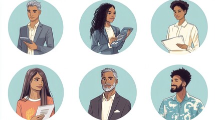 Wall Mural - a set of illustrated avatars in circular frames showcasing diverse financial advisors and clients. One advisor wears a suit holding a calculator, a client has long straight hair 