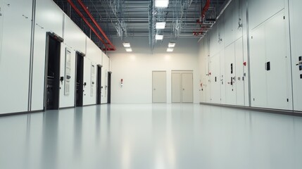 A clean, modern industrial space with storage units and doors.