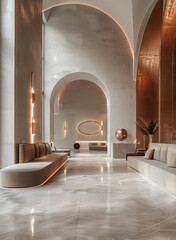 Aufkleber - A modern hotel lobby with a high ceiling, A large arched doorway leads to the interior, The entrance hall has a polished concrete floor, a luxury sofa seating area, decorative lighting fixtures.
