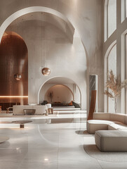Poster - A modern hotel lobby with a high ceiling, A large arched doorway leads to the interior, The entrance hall has a polished concrete floor, a luxury sofa seating area, decorative lighting fixtures.