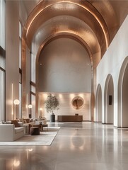 Poster - A modern hotel lobby with a high ceiling, A large arched doorway leads to the interior, The entrance hall has a polished concrete floor, a luxury sofa seating area, decorative lighting fixtures.