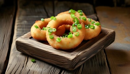 Wall Mural - Crispy breadcrumb-coated onion rings served on a rustic wooden platter