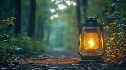 vintage lantern illuminating a tranquil path in a serene forest