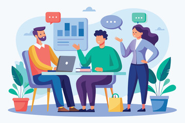 Poster - Three colleagues collaborate at a desk, discussing data insights while surrounded by plants and graphic charts, Customizable semi-flat illustration for discussion.