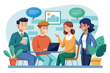 Poster - Four young individuals engage in a collaborative discussion around a table, sharing ideas, Customizable semi-flat illustration for discussion.