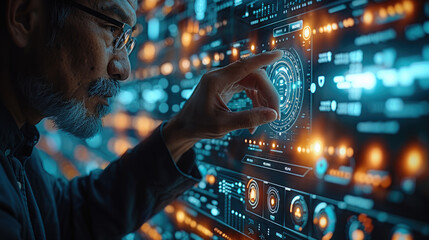 Poster - A businessman touches a screen displaying cyber security and antivirus alerts, representing business technology and digital protection. Generative AI.