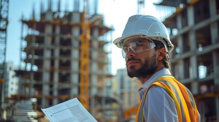 Aufkleber - A engineer wearing a white helmet in a construction site. Generative AI.