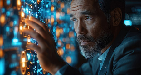 Poster - A businessman touches a screen displaying cyber security and antivirus alerts, representing business technology and digital protection. Generative AI.