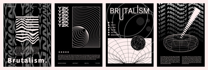 Poster - Brutalist monochrome posters with 3D wireframe shapes in Y2K style, cyberpunk geometric elements in psychedelic aesthetic. Retrofuturistic shapes and elements rave composition. Vector illustration.